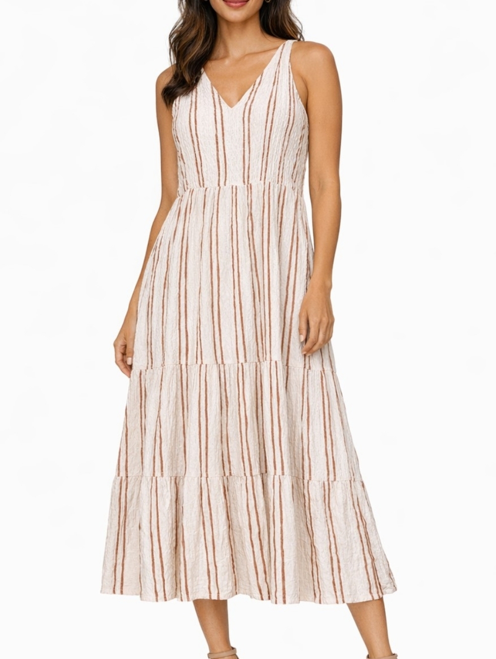 V-Neck Striped Asymmetrical Midi Dress in Blush Stripe